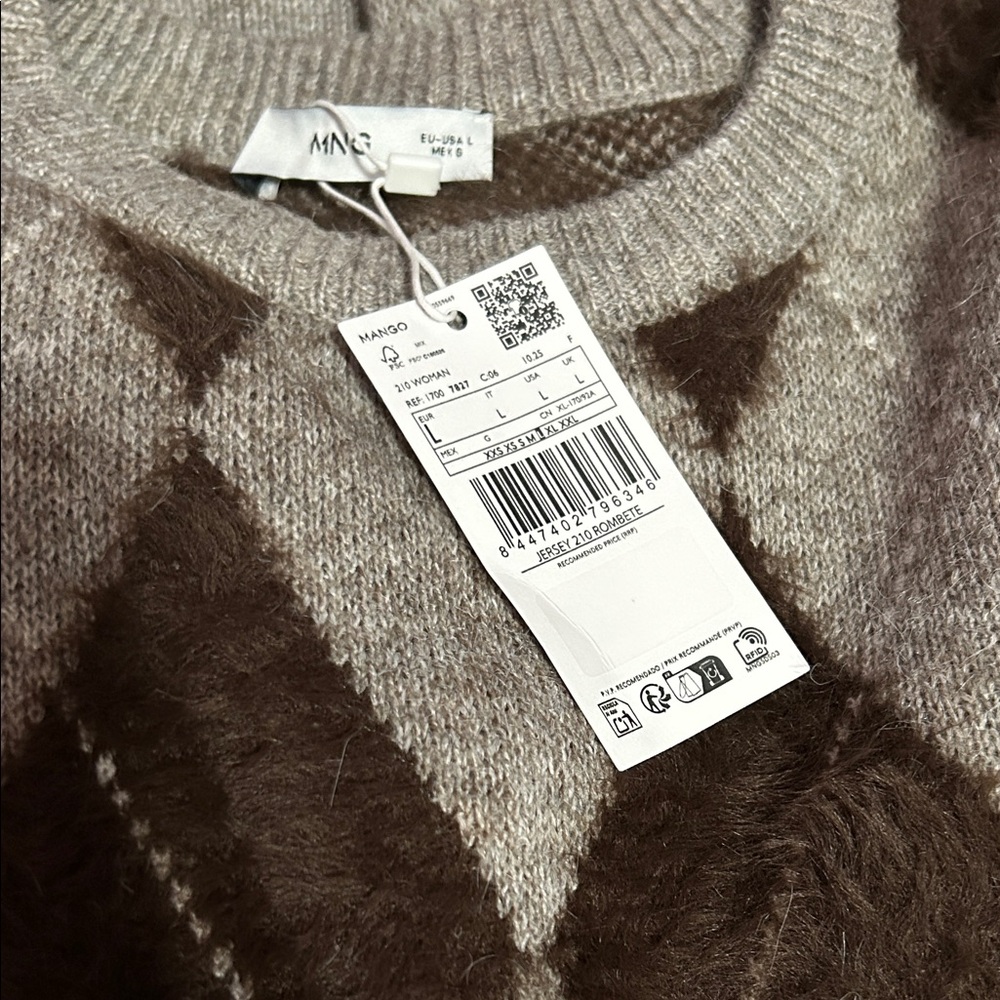Mango Argyle Patterned Brown and Gray Sweater NWT - image 5
